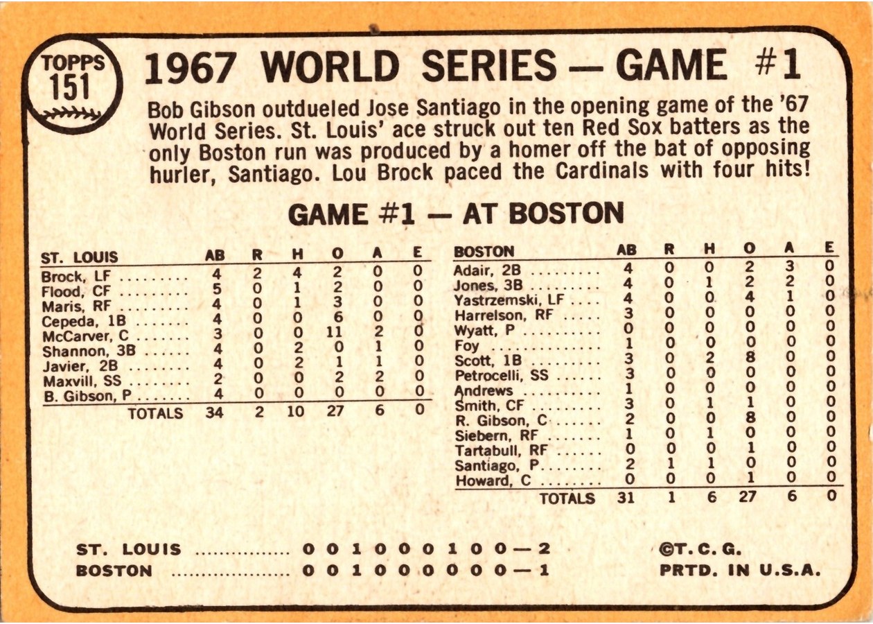 1968 Topps #151 World Series Game #1 - Brock Socks 4-Hits in Opener card back