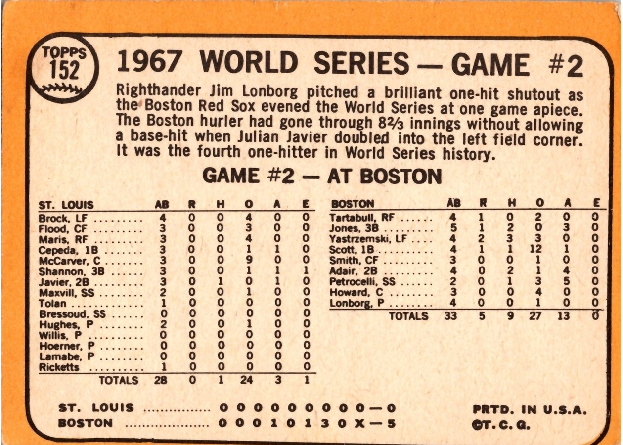 1968 Topps #152 World Series Game #2 - Yaz Smashes Two Homers card back