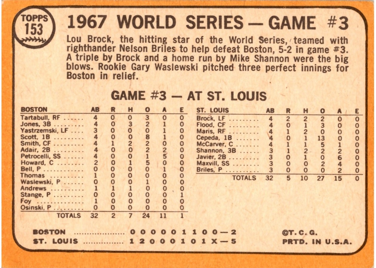 1968 Topps #153 World Series Game #3 - Briles Cools Off Boston card back