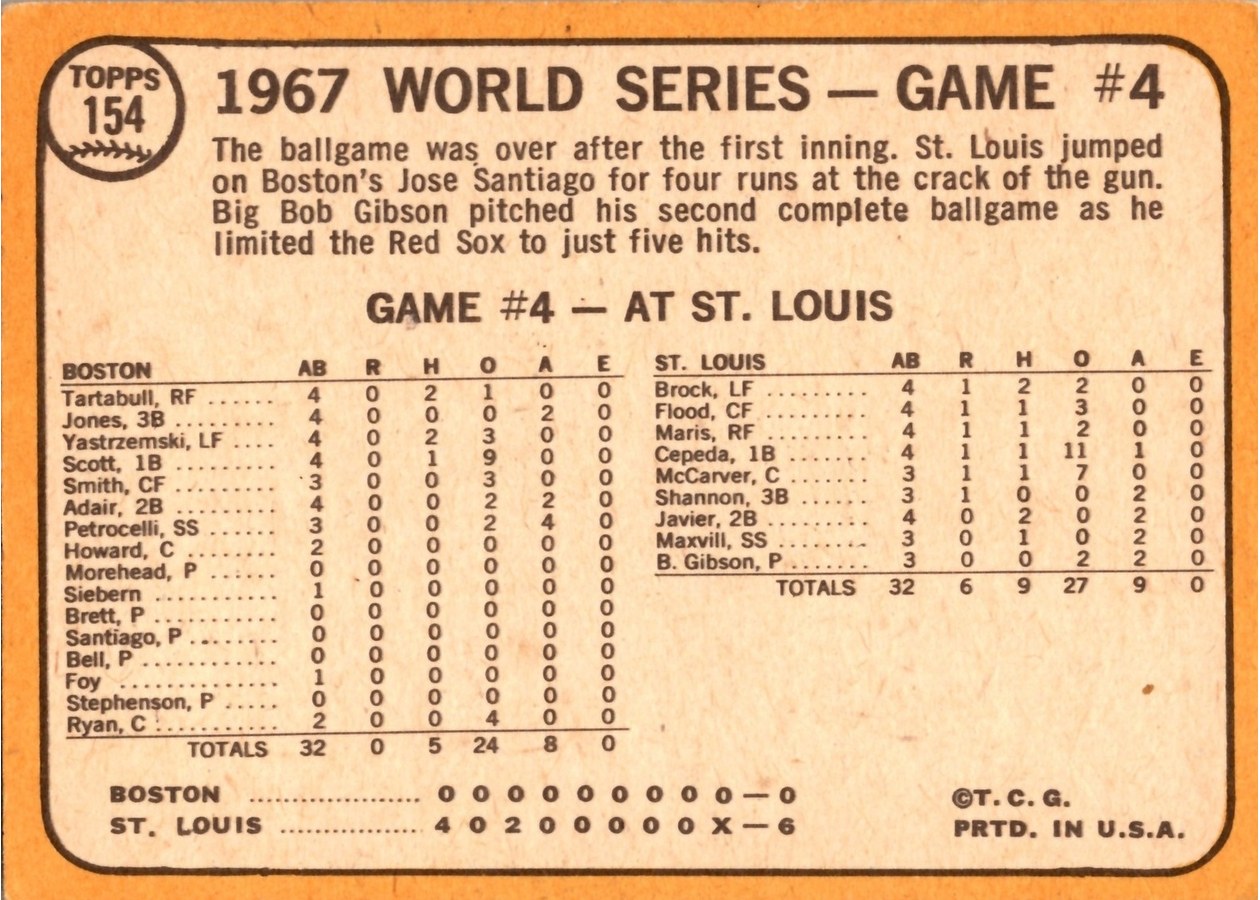 1968 Topps #154 World Series Game #4 - Gibson Hurls Shutout! card back