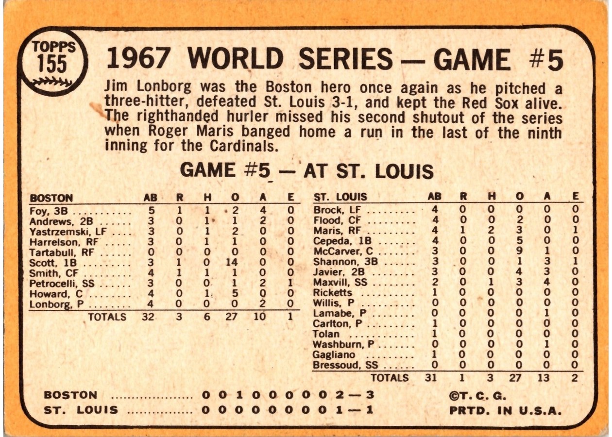 1968 Topps #155 World Series Game #5 - Lonborg Wins Again! card back