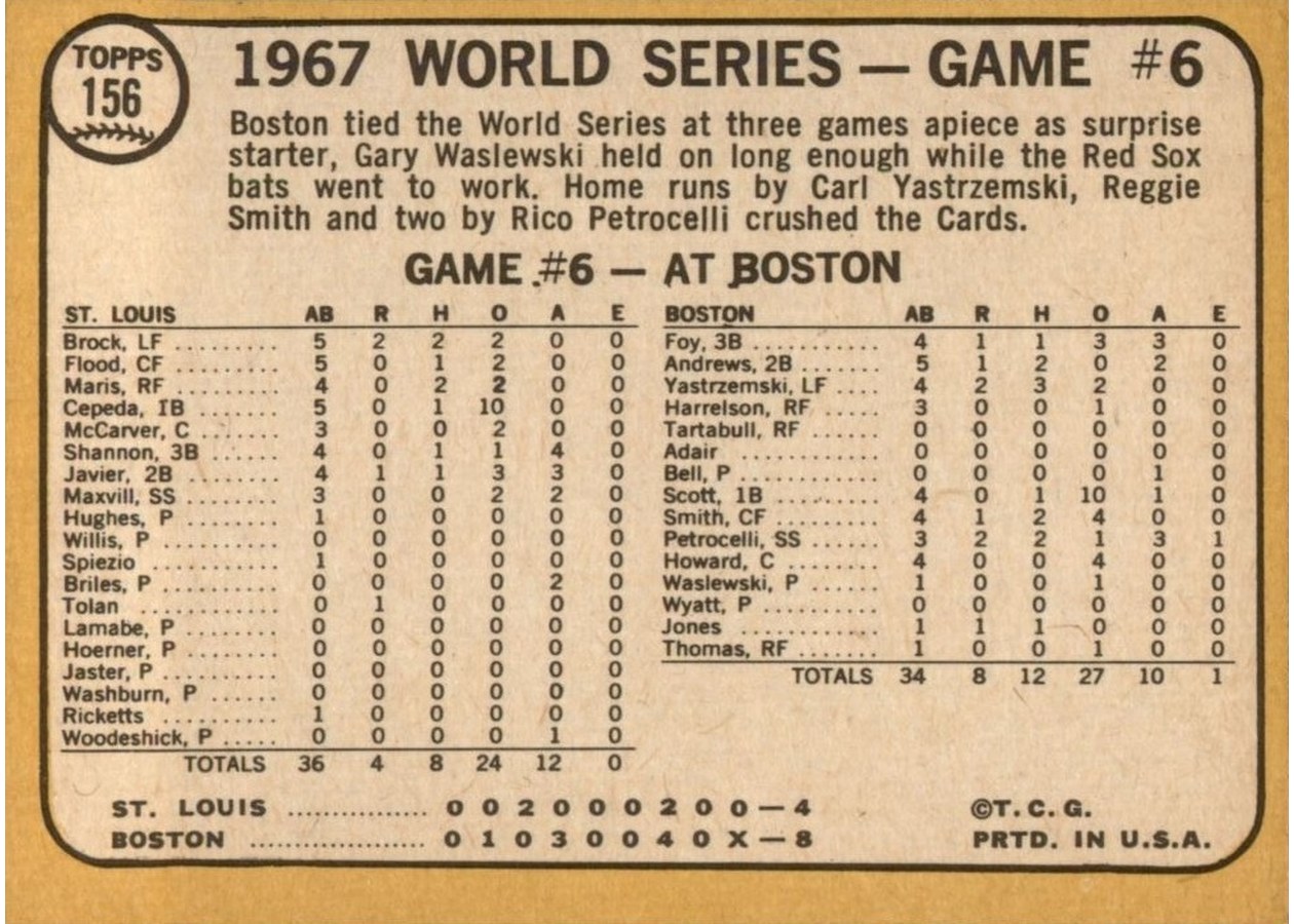 1968 Topps #156 World Series Game #6 - Petrocelli Socks Two Homers card back