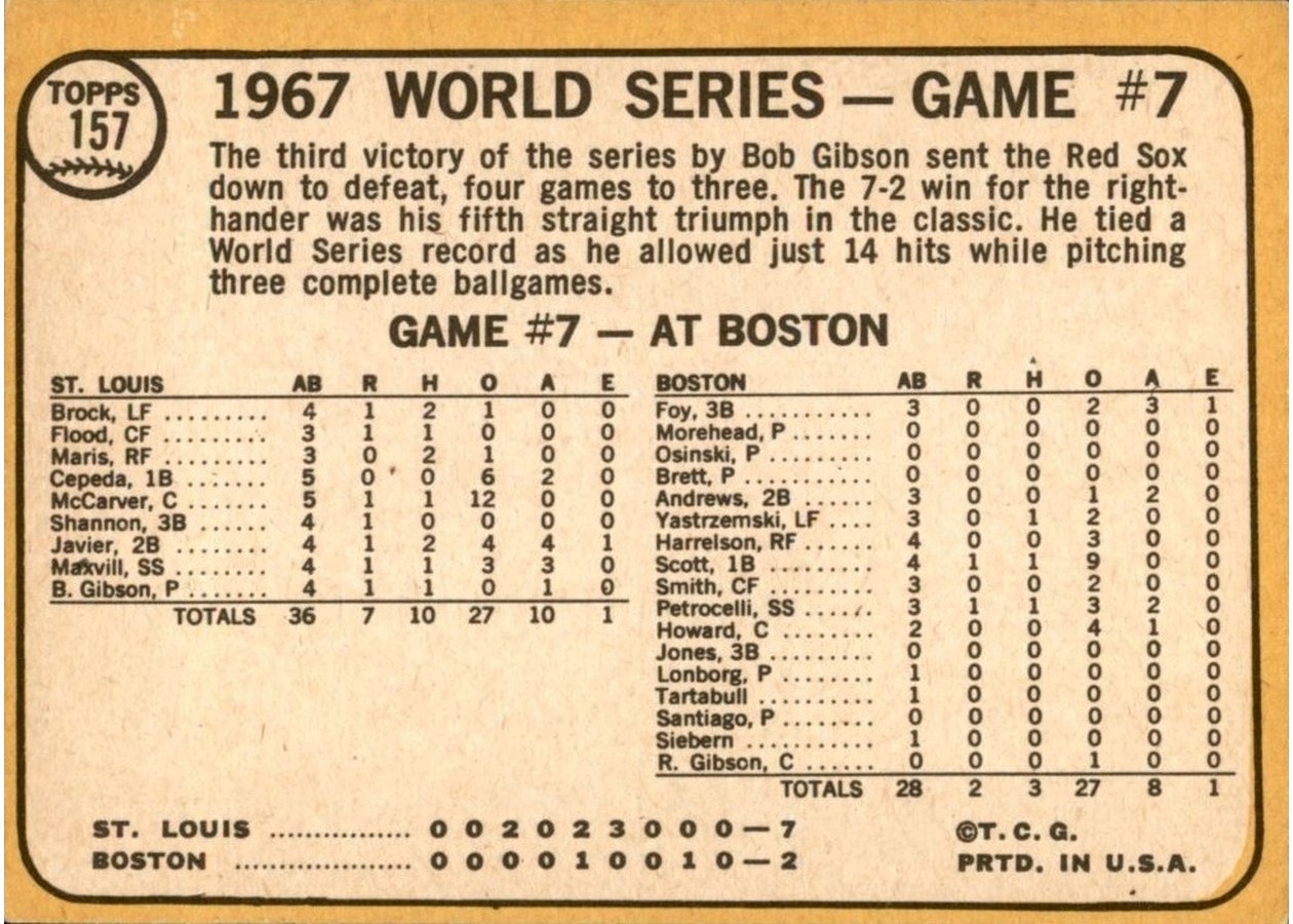1968 Topps #157 World Series Game #7 - St. Louis Wins It! card back