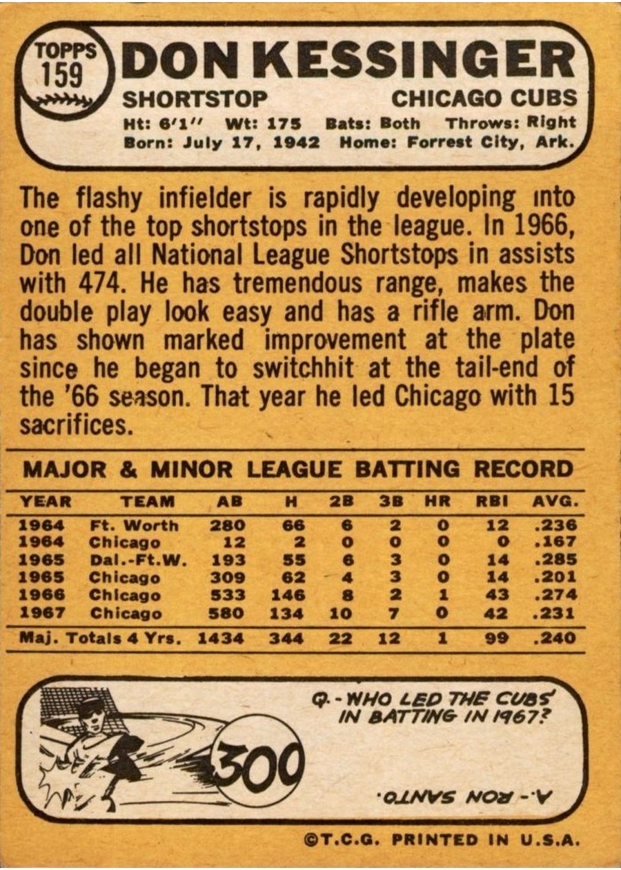 1968 Topps #159 Don Kessinger card back