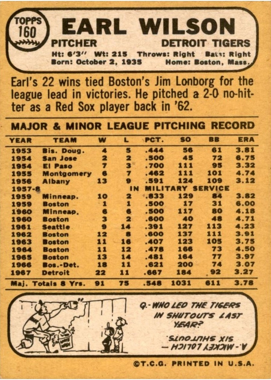 1968 Topps #160 Earl Wilson card back