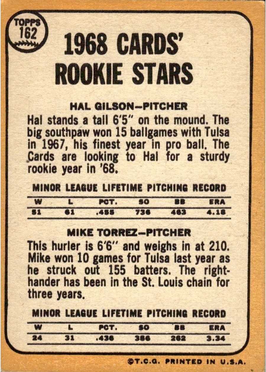 1968 Topps #162 Cardinals 1968 Rookie Stars card back