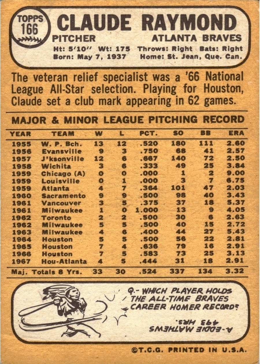 1968 Topps #166 Claude Raymond card back