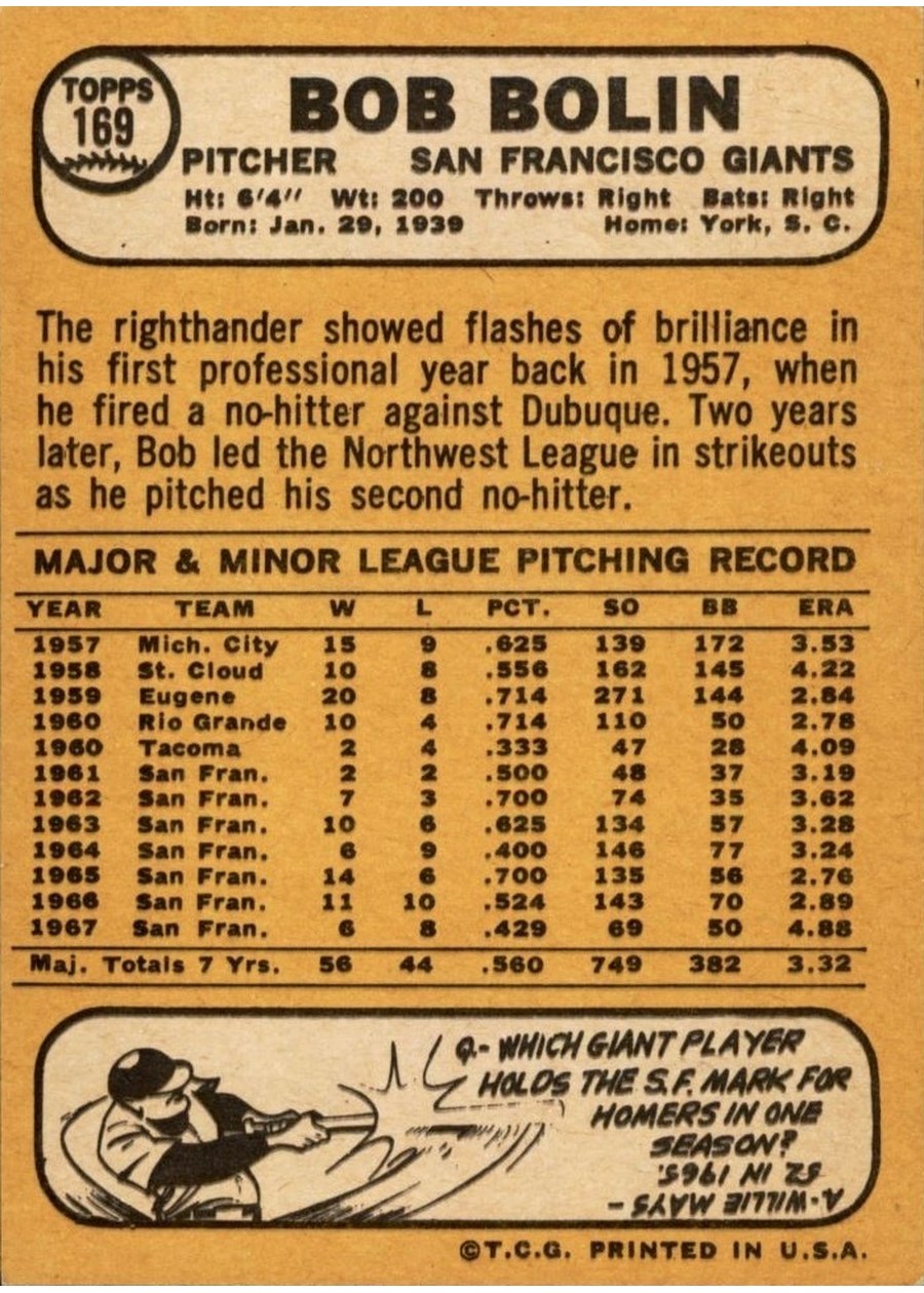 1968 Topps #169 Bob Bolin card back