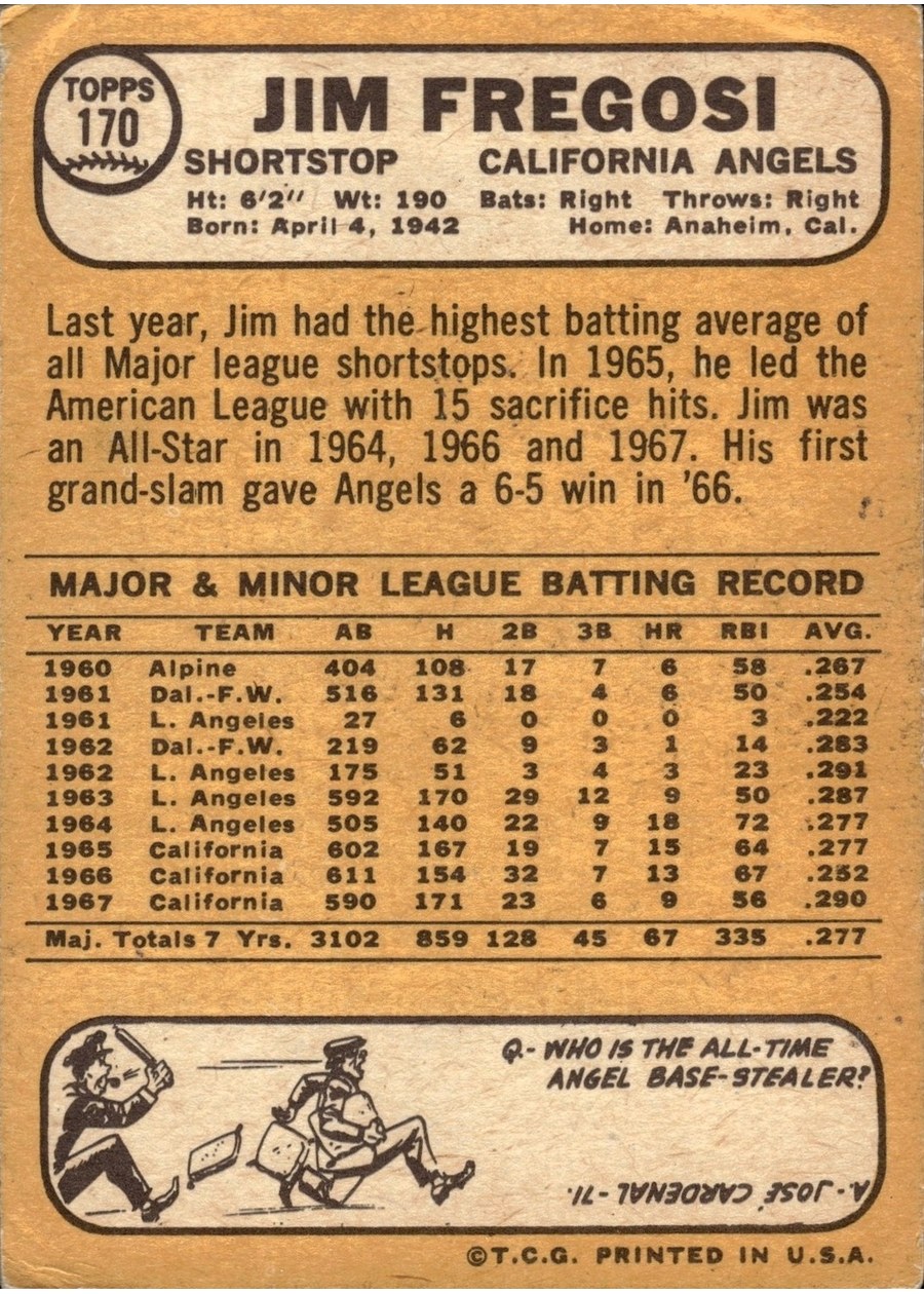 1968 Topps #170 Jim Fregosi card back