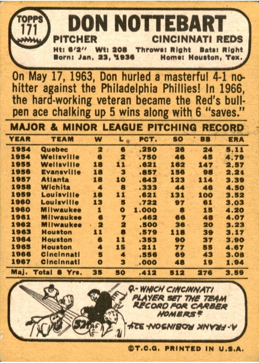 1968 Topps #171 Don Nottebart card back