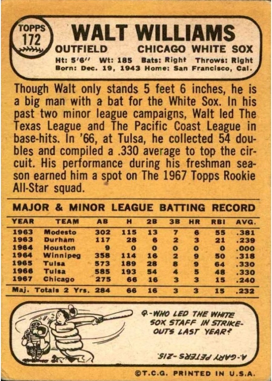 1968 Topps #172 Walt Williams card back