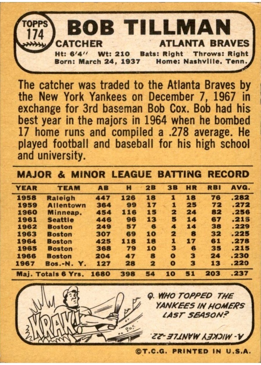 1968 Topps #174 Bob Tillman card back