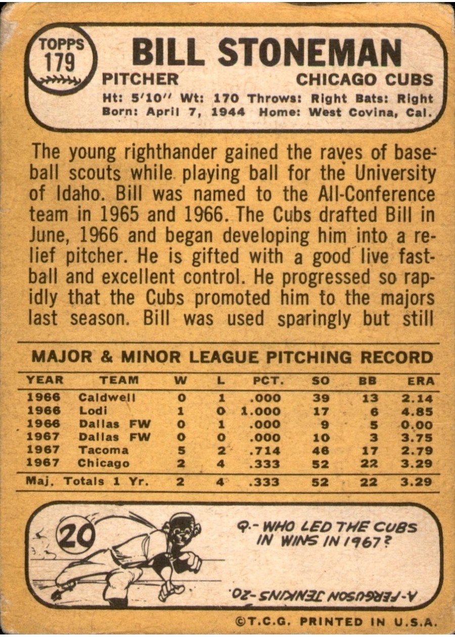 1968 Topps #179 Bill Stoneman card back