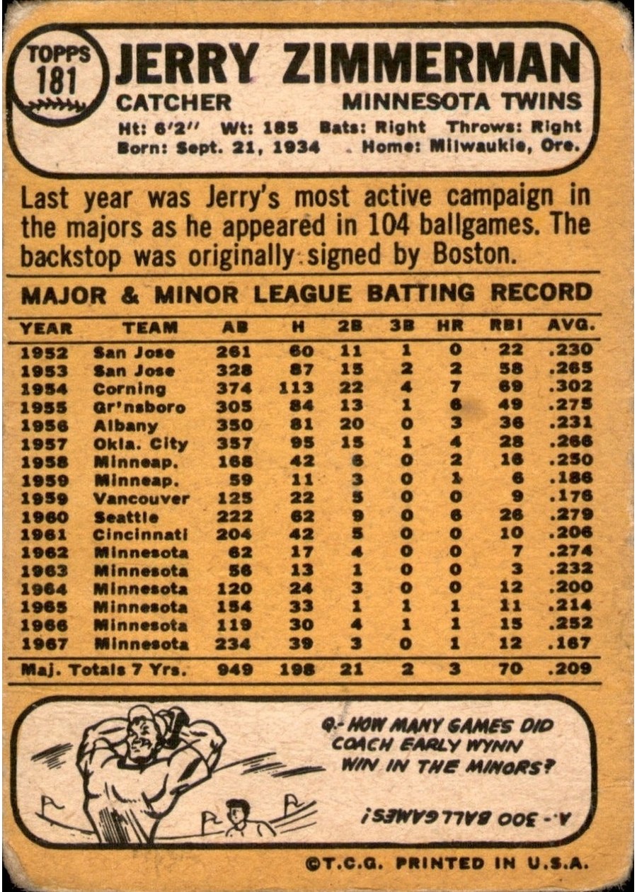 1968 Topps #181 Jerry Zimmerman card back