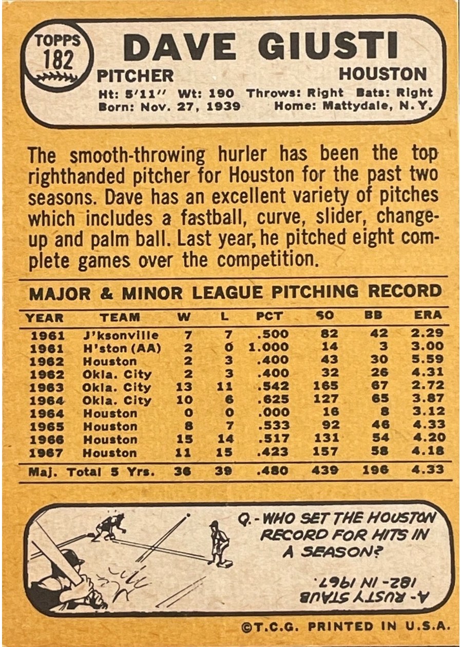 1968 Topps #182 Dave Giusti card back