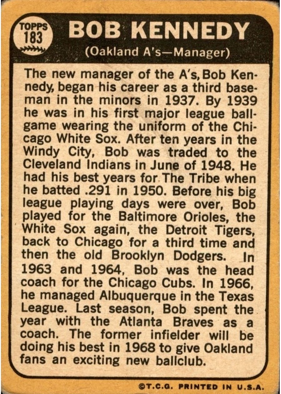 1968 Topps #183 Bob Kennedy card back