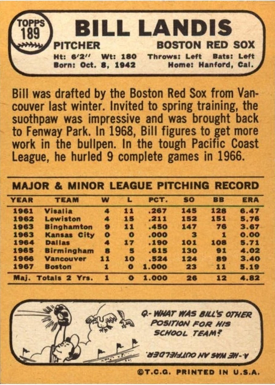 1968 Topps #189 Bill Landis card back