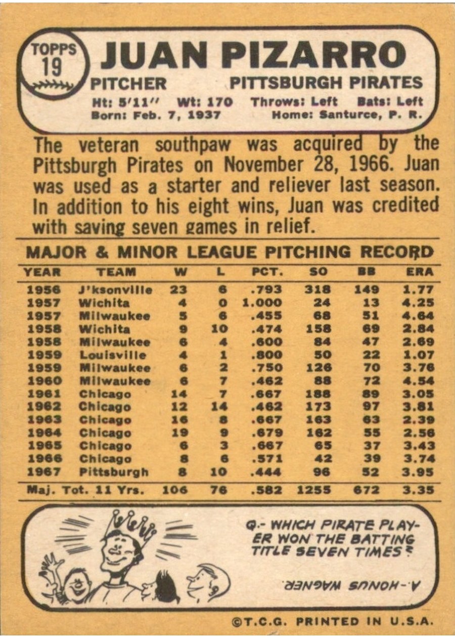 1968 Topps #19 Juan Pizarro card back