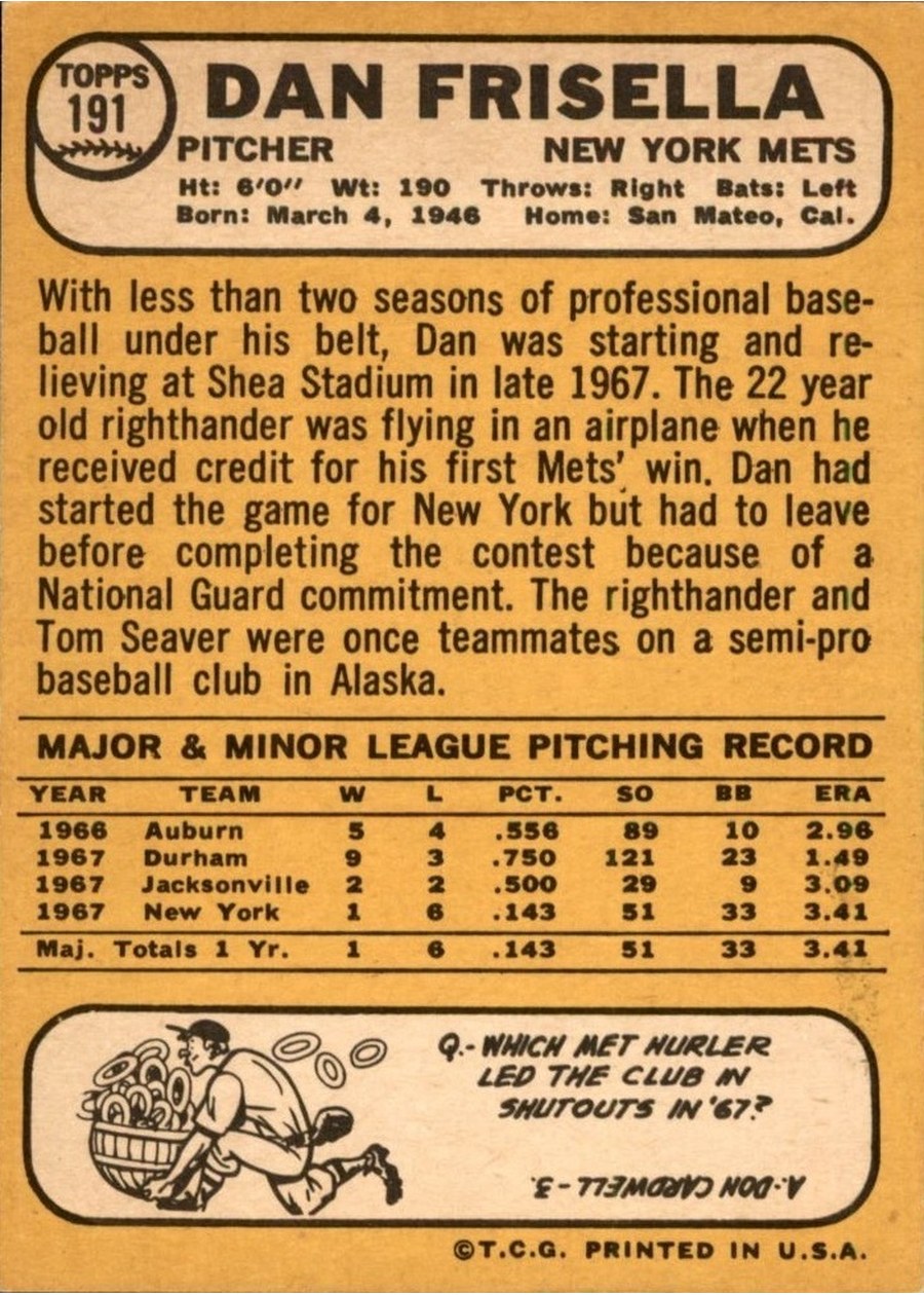 1968 Topps #191 Dan Frisella card back