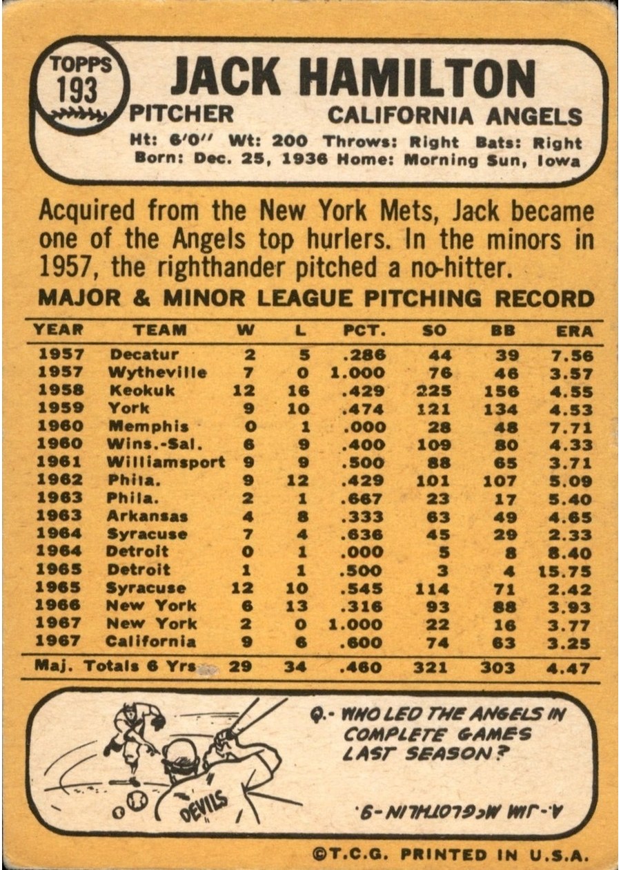 1968 Topps #193 Jack Hamilton card back