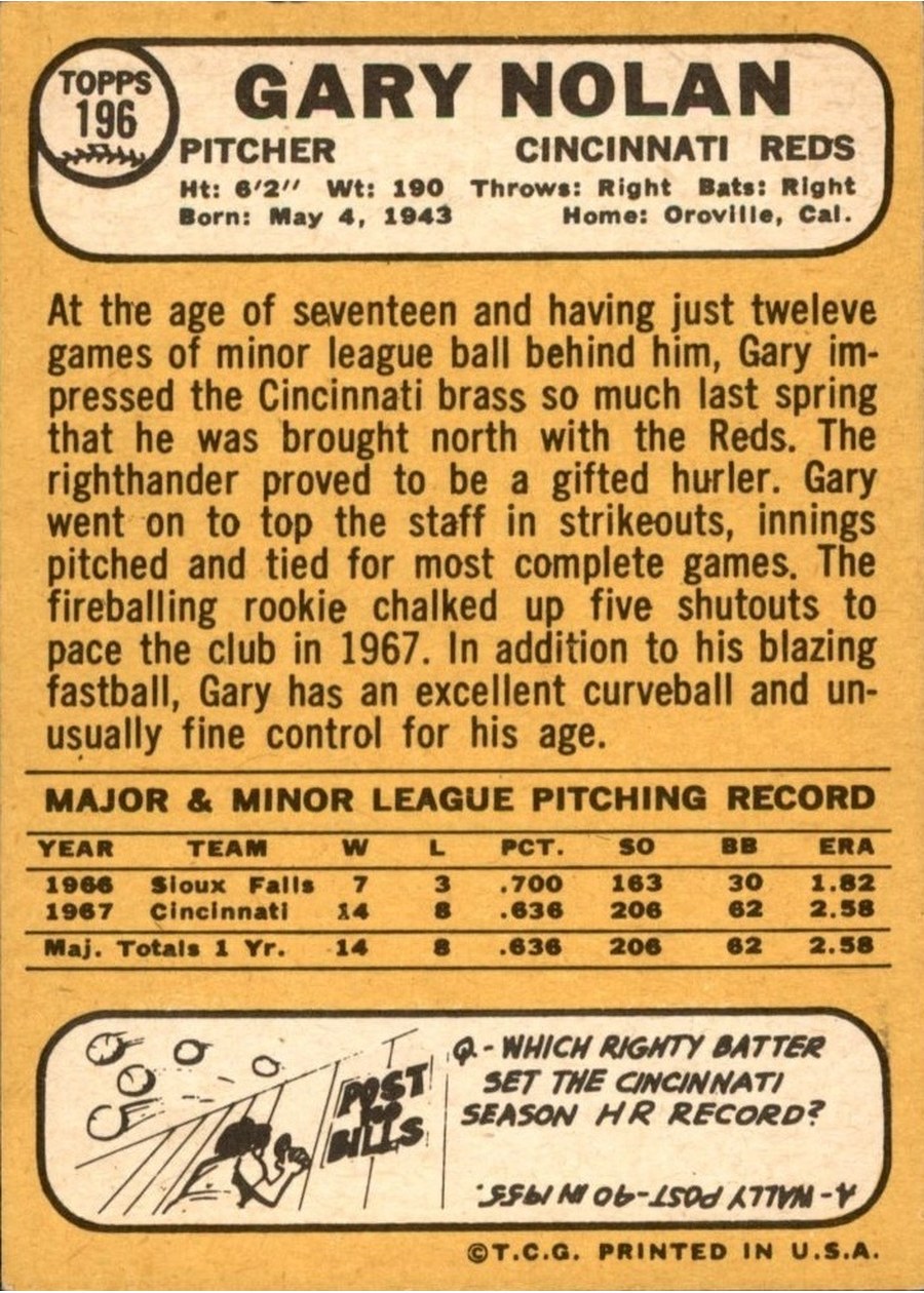 1968 Topps #196 Gary Nolan card back