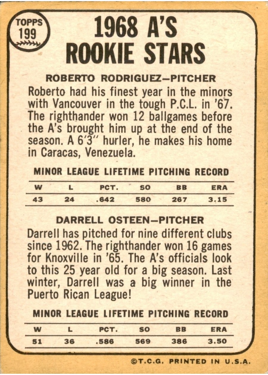 1968 Topps #199 A's 1968 Rookie Stars card back