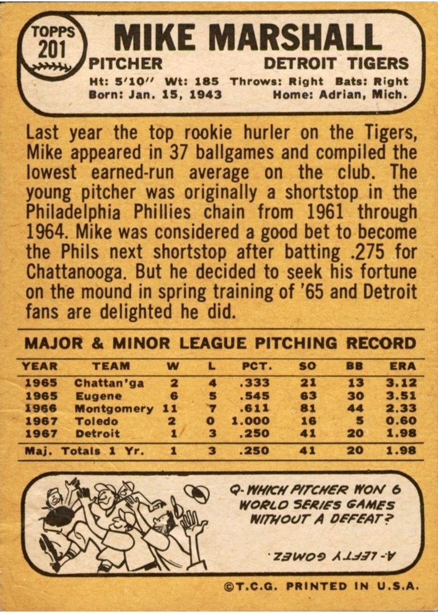1968 Topps #201 Mike Marshall card back