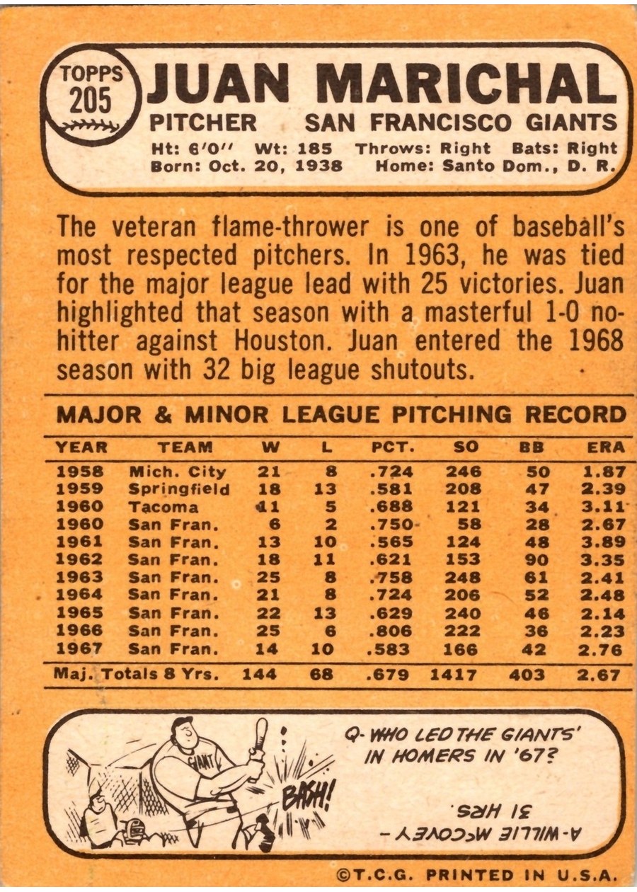 1968 Topps #205 Juan Marichal card back