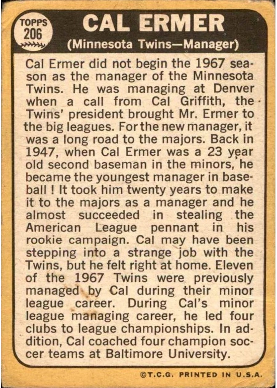 1968 Topps #206 Cal Ermer card back