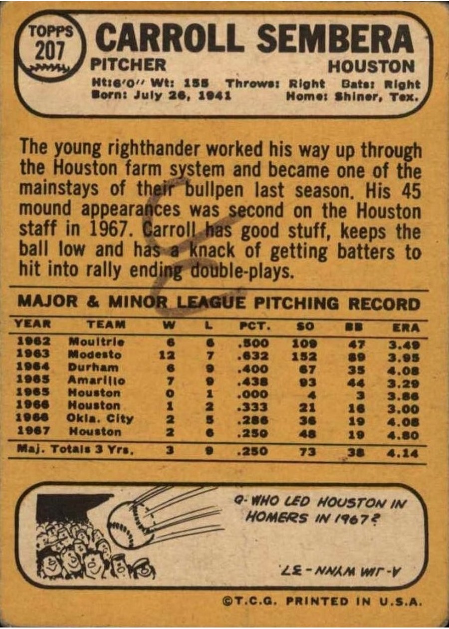 1968 Topps #207 Carroll Sembera card back