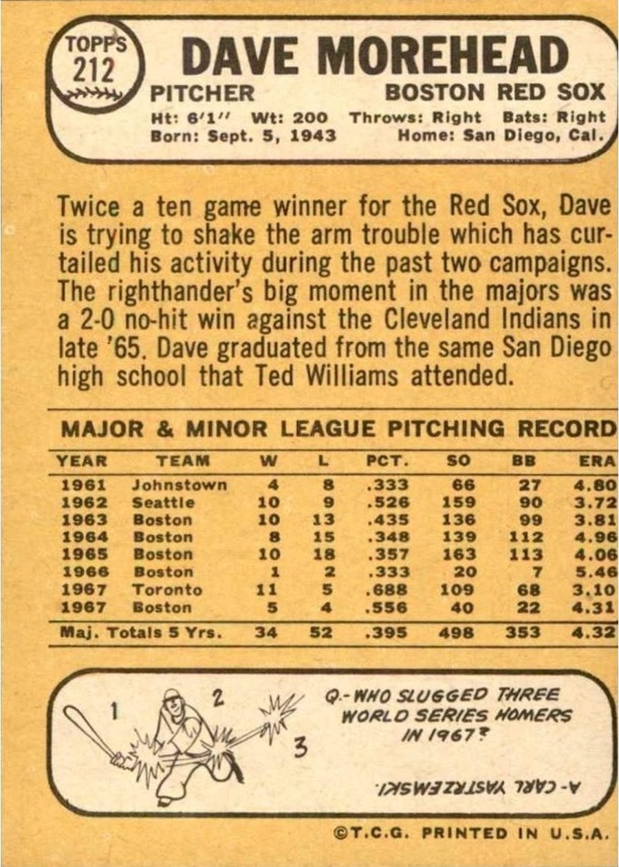 1968 Topps #212 Dave Morehead card back