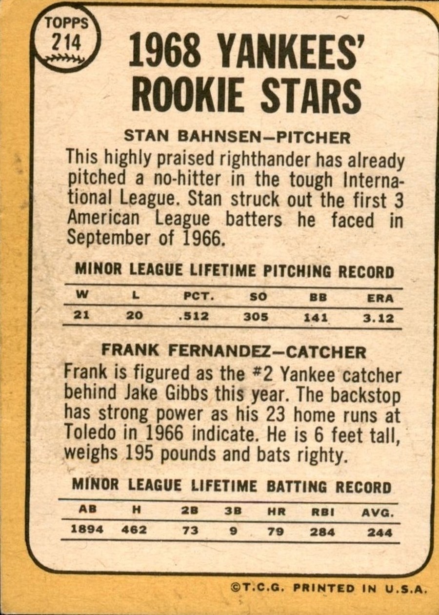 1968 Topps #214 Yankees 1968 Rookie Stars card back