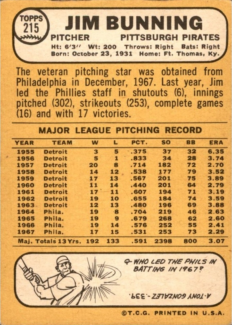 1968 Topps #215 Jim Bunning card back
