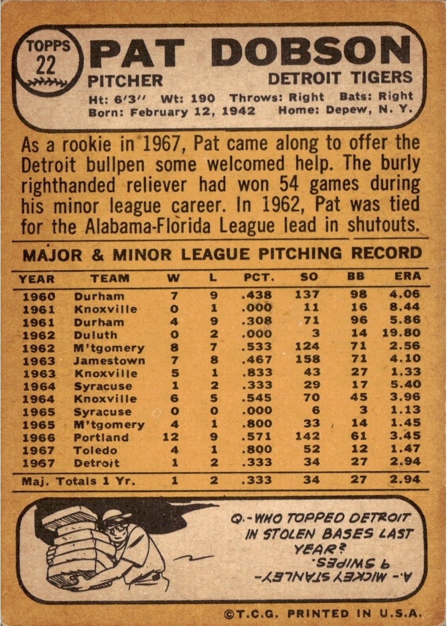 1968 Topps #22 Pat Dobson card back