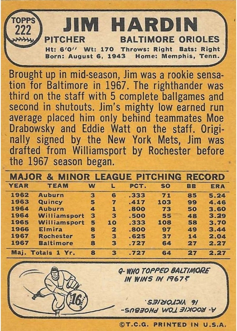 1968 Topps #222 Jim Hardin card back
