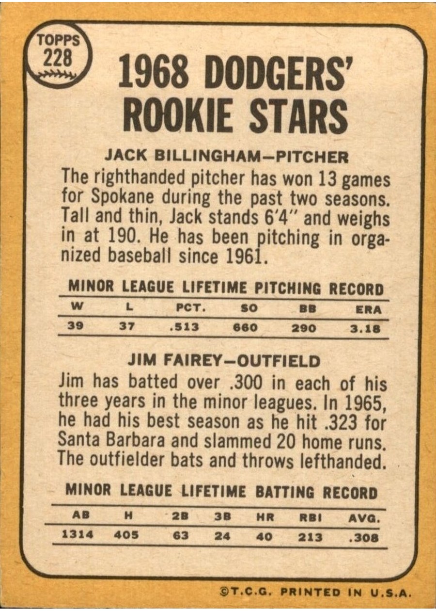 1968 Topps #228 Dodgers 1968 Rookie Stars card back