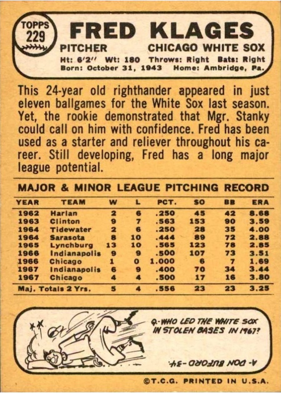 1968 Topps #229 Fred Klages card back
