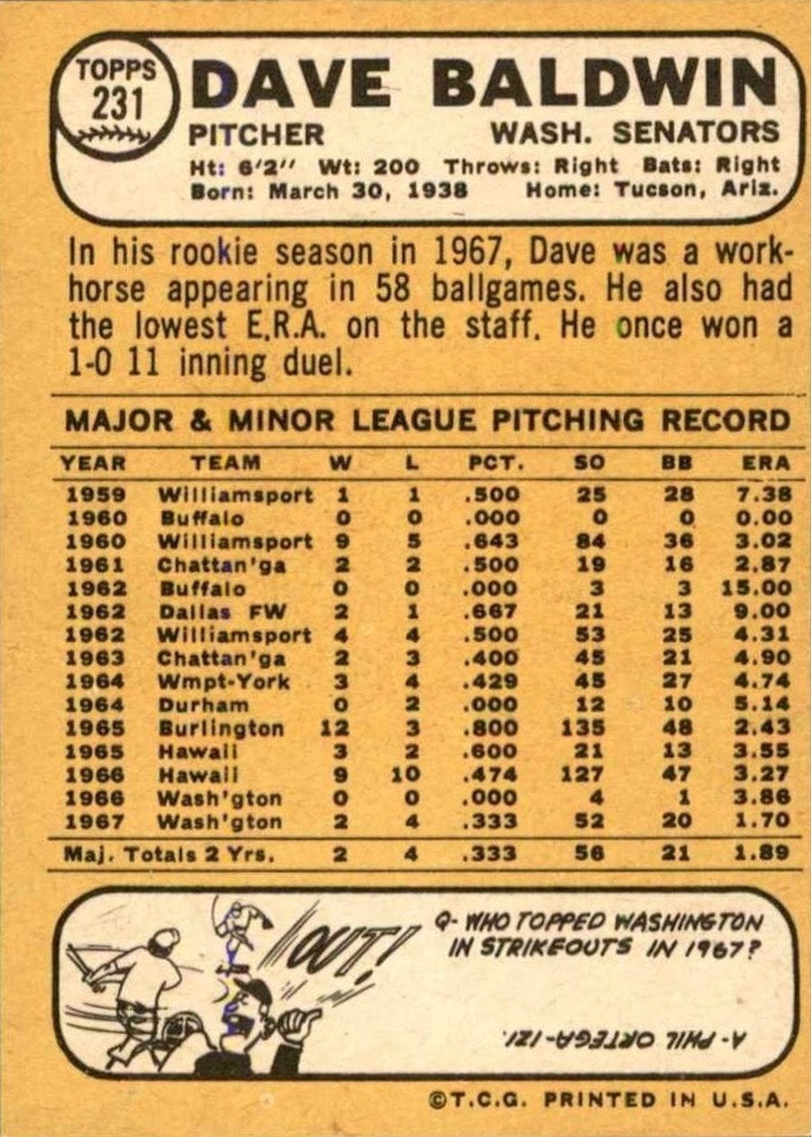 1968 Topps #231 Dave Baldwin card back