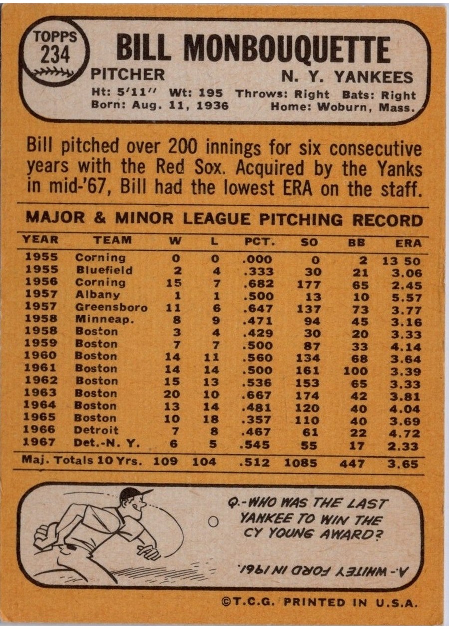 1968 Topps #234 Bill Monbouquette card back
