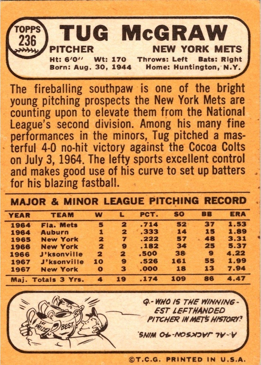 1968 Topps #236 Tug McGraw card back