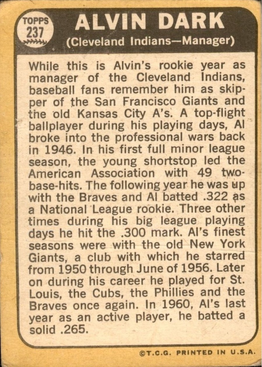 1968 Topps #237 Alvin Dark card back