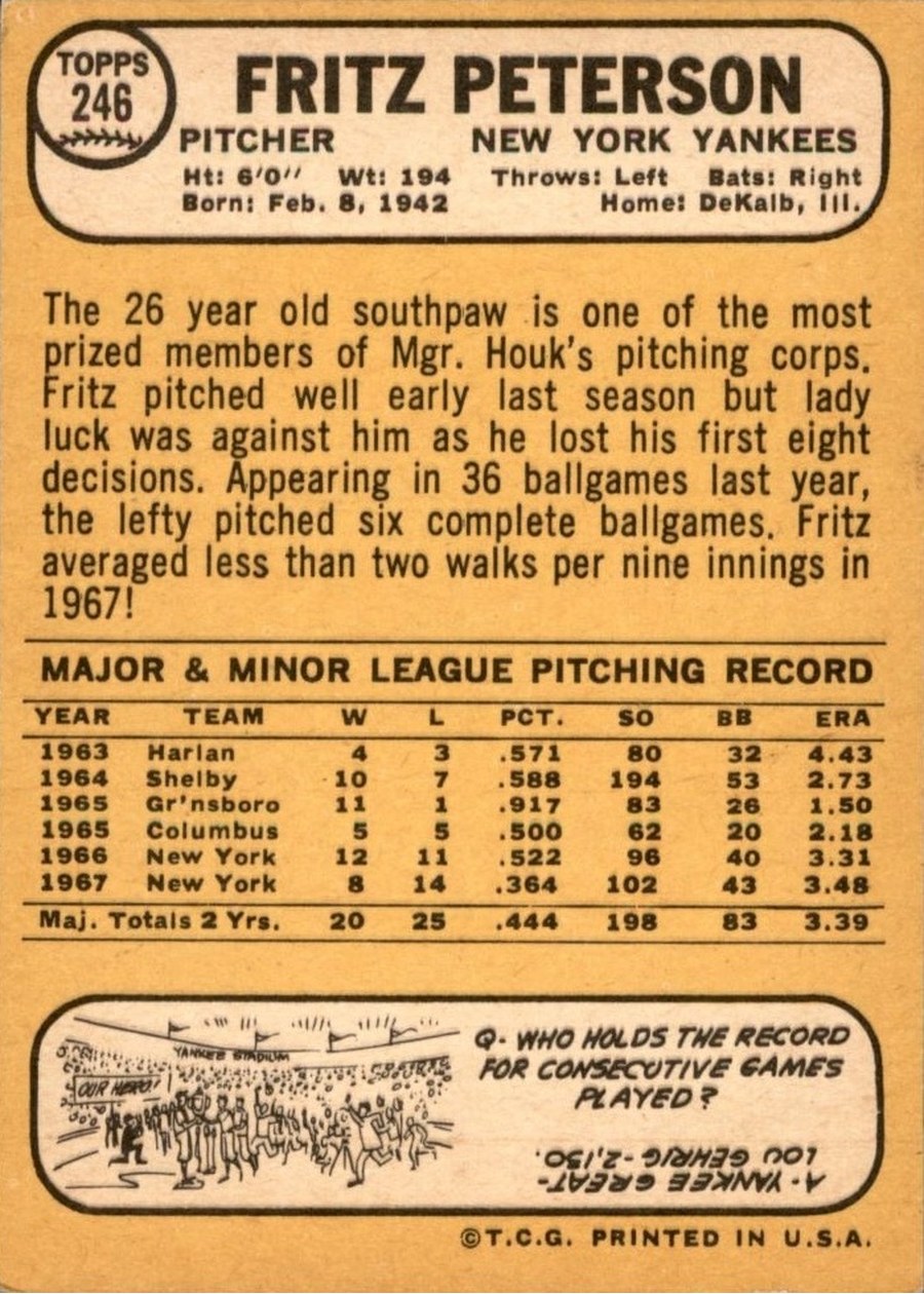 1968 Topps #246 Fritz Peterson card back