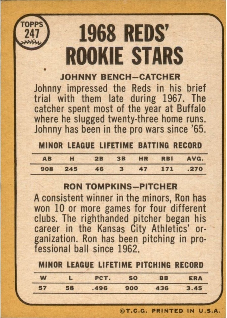1968 Topps #247 Reds 1968 Rookie Stars card back