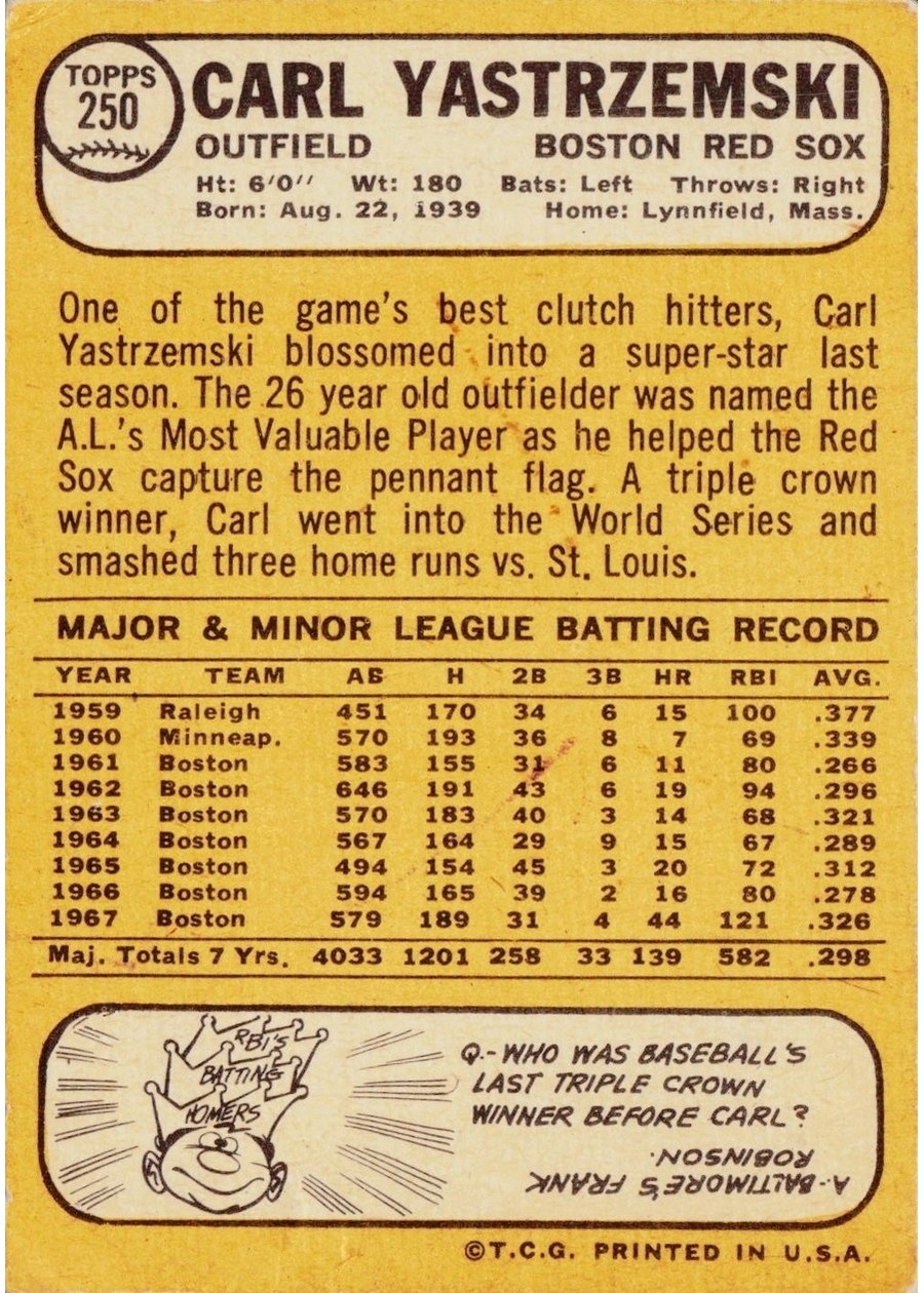 1968 Topps #250 Carl Yastrzemski card back