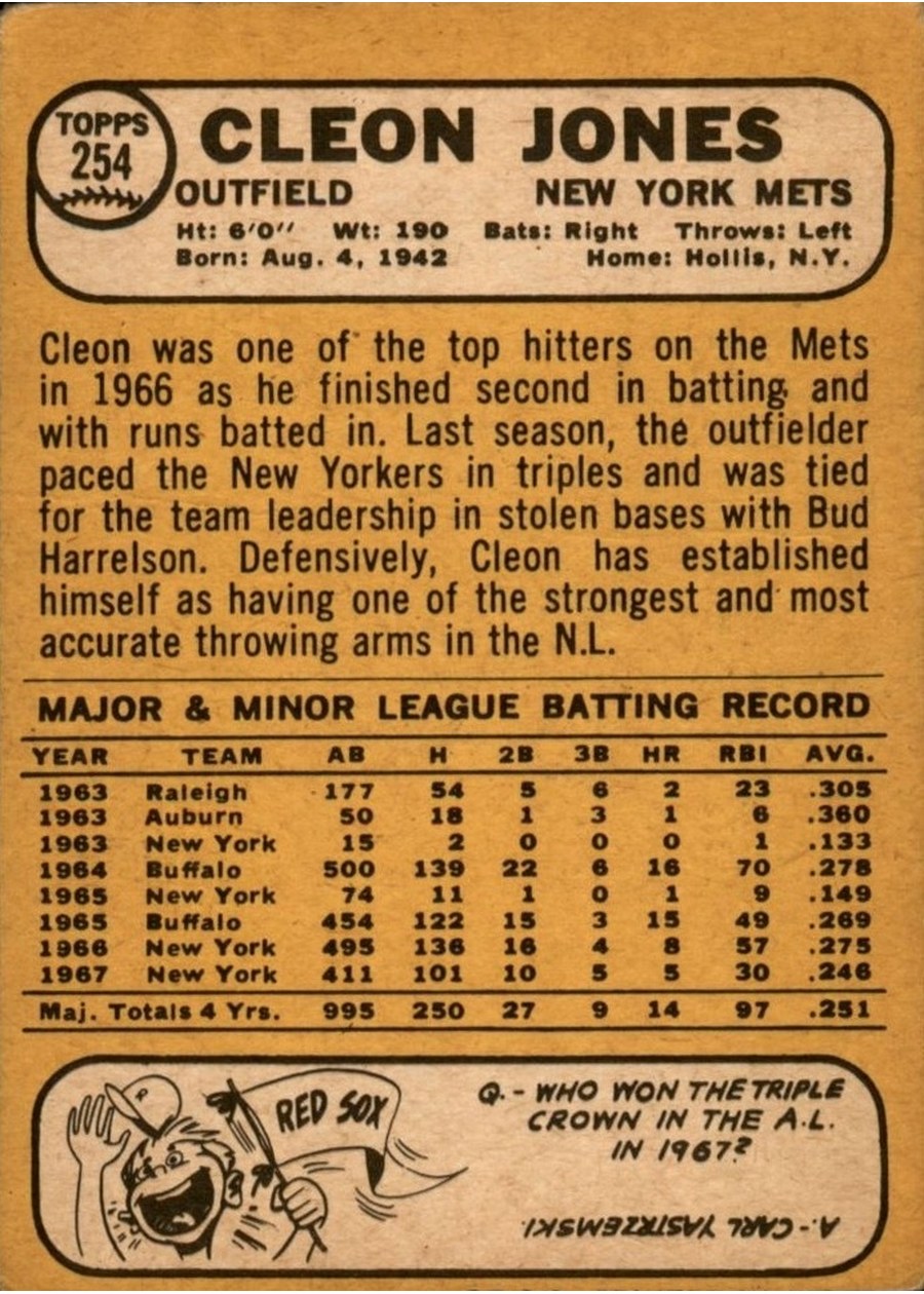 1968 Topps #254 Cleon Jones card back