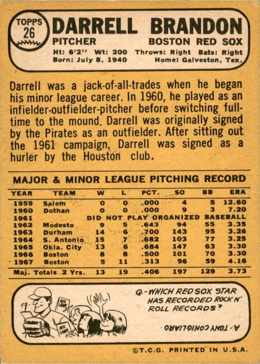 1968 Topps #26 Darrell Brandon card back
