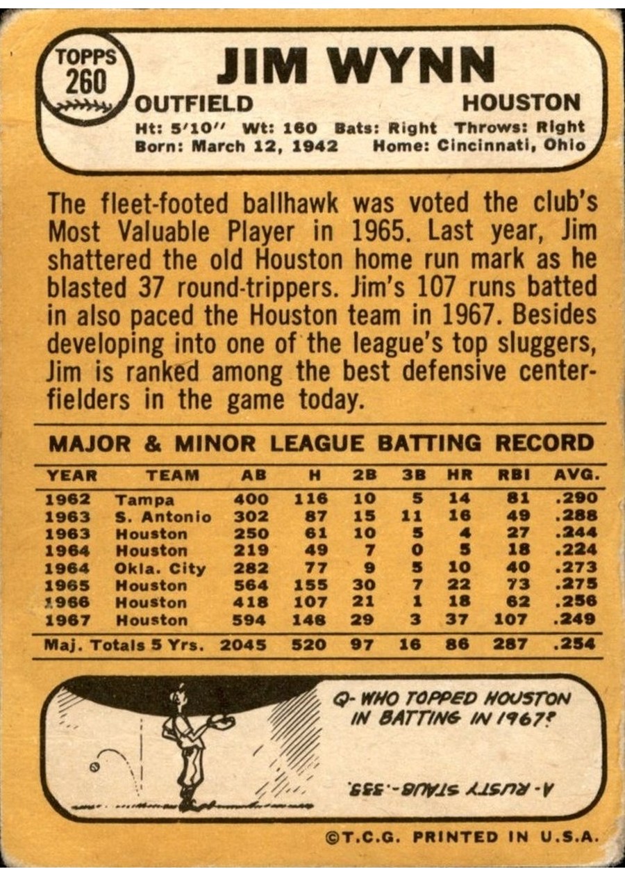 1968 Topps #260 Jim Wynn card back