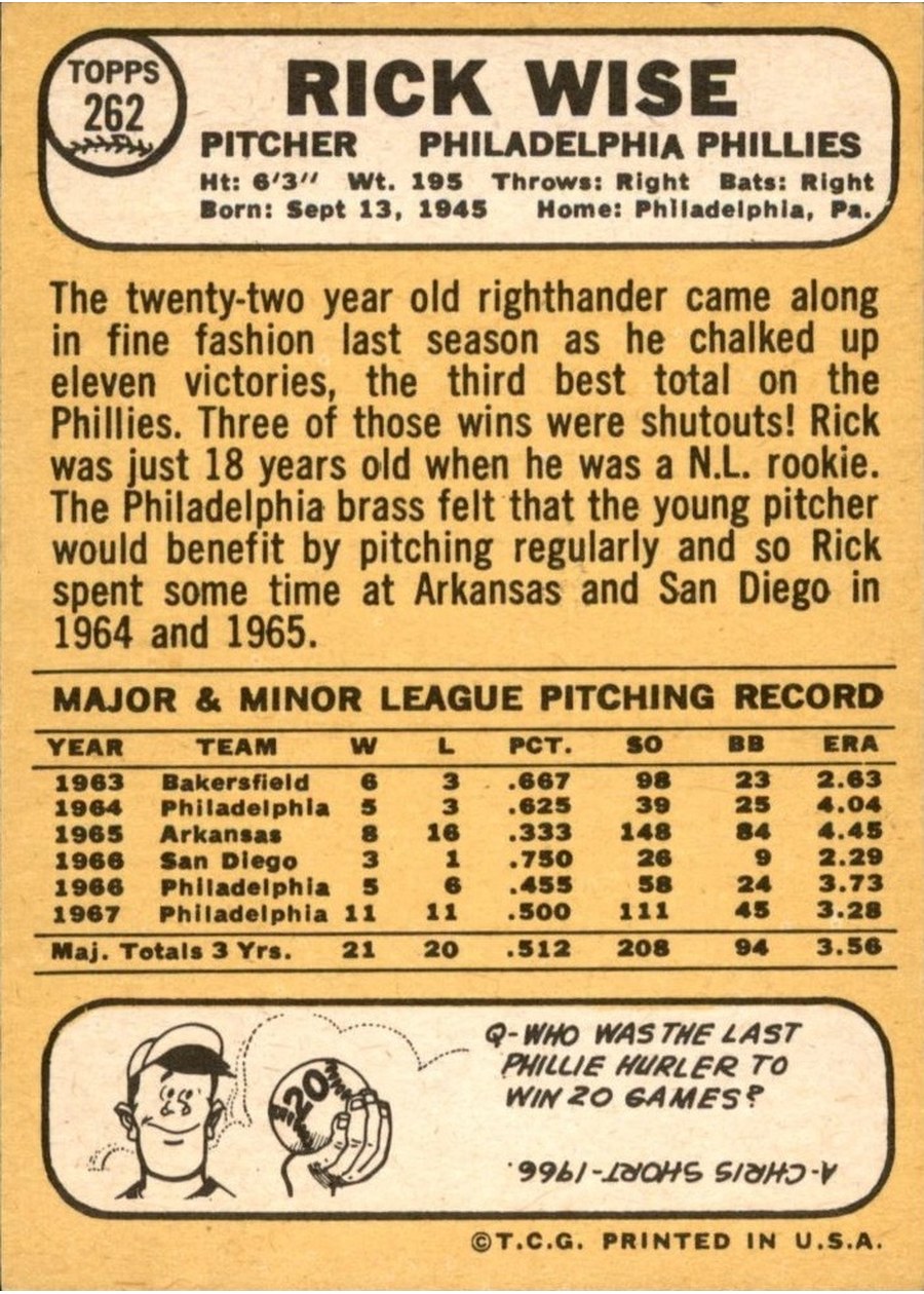 1968 Topps #262 Rick Wise card back