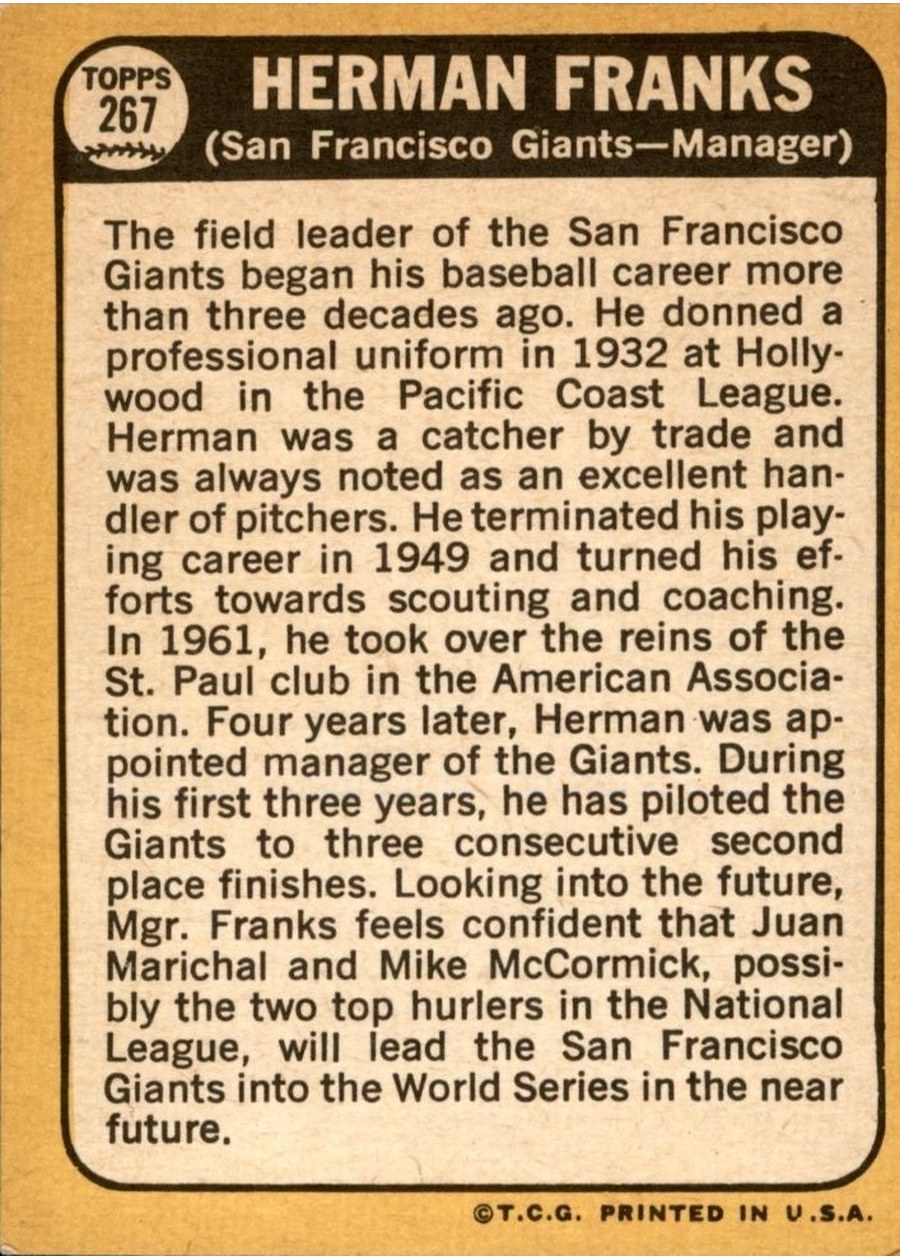 1968 Topps #267 Herman Franks card back