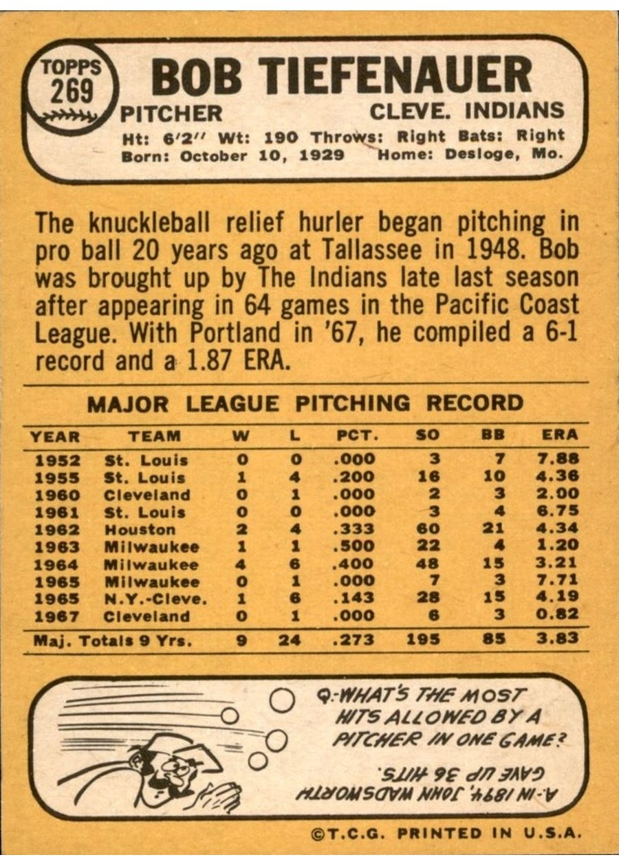1968 Topps #269 Bob Tiefenauer card back